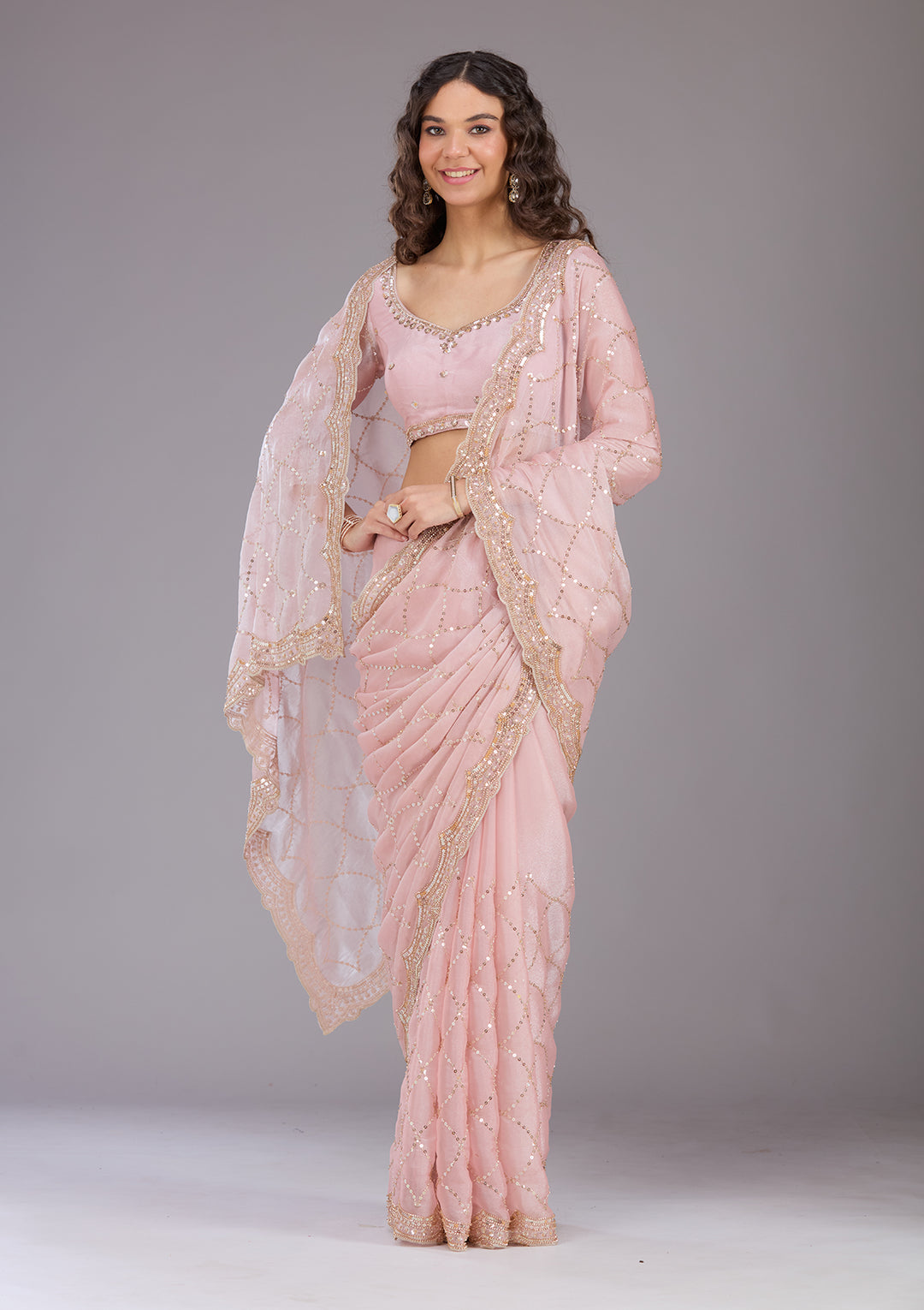 Pink Sequins Tissue Saree