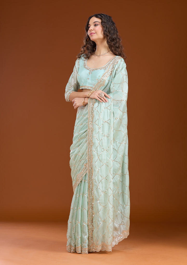 Sea Green Sequins Tissue Saree