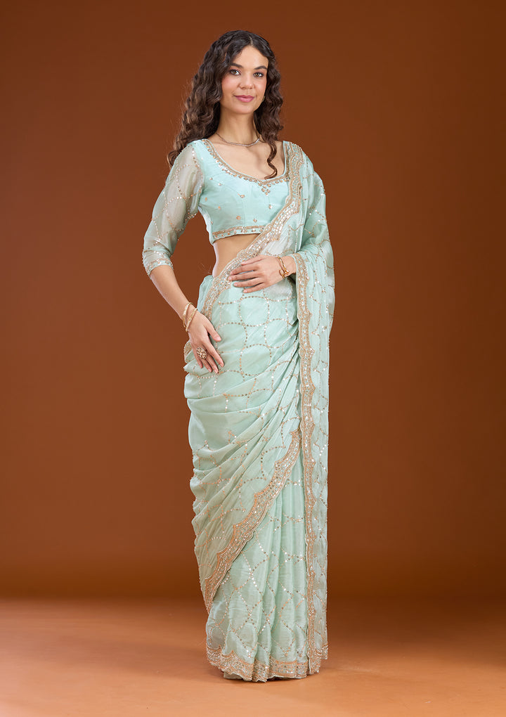 Sea Green Sequins Tissue Saree