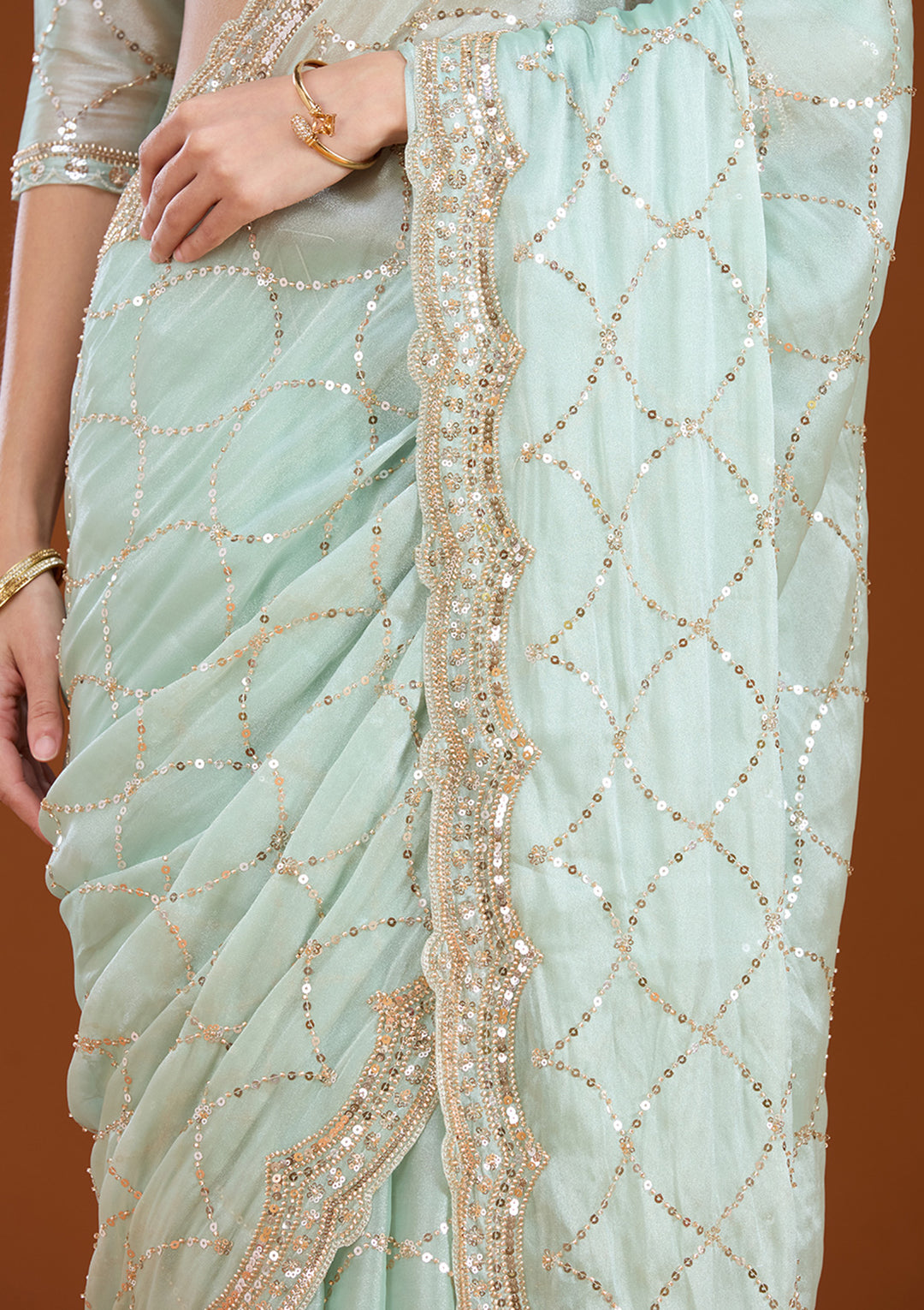 Sea Green Sequins Tissue Saree