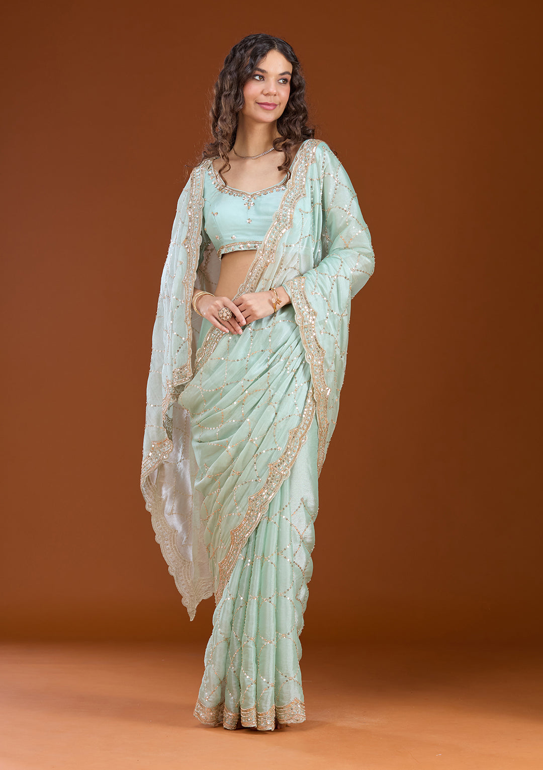 Sea Green Sequins Tissue Saree