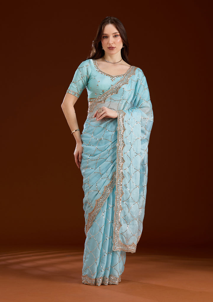 Sky Blue Sequins Tissue Saree