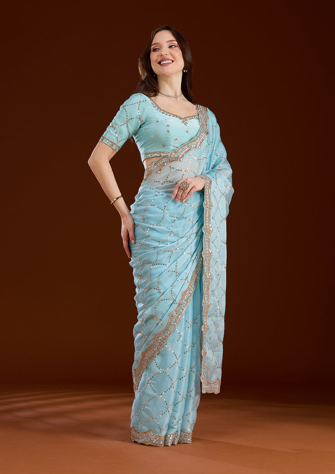 Sky Blue Sequins Tissue Saree