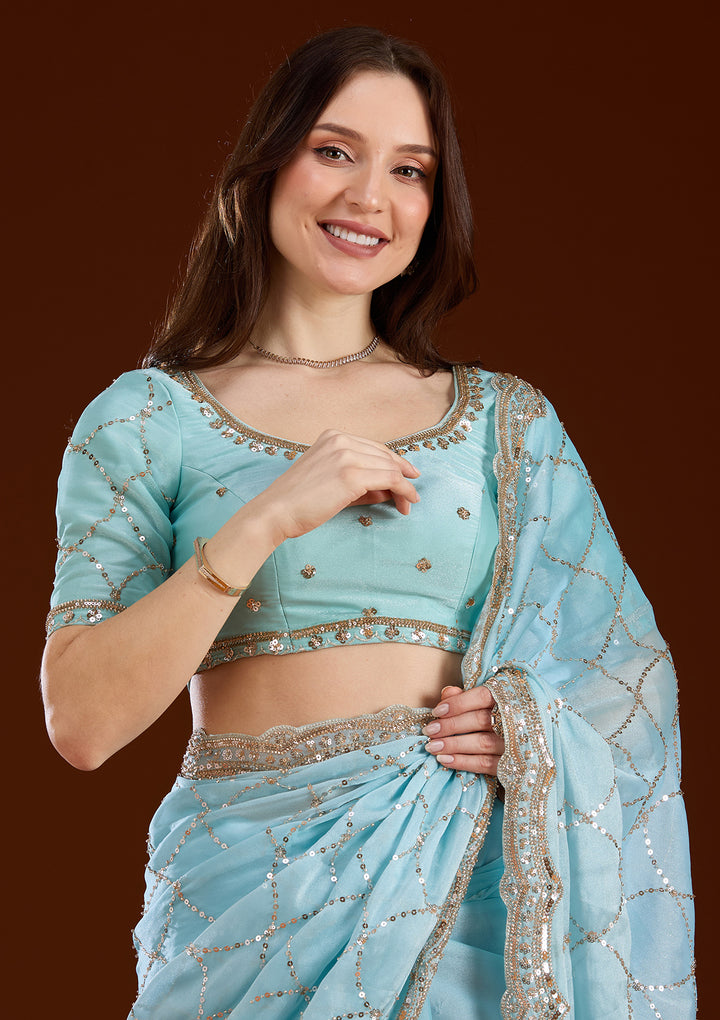 Sky Blue Sequins Tissue Saree