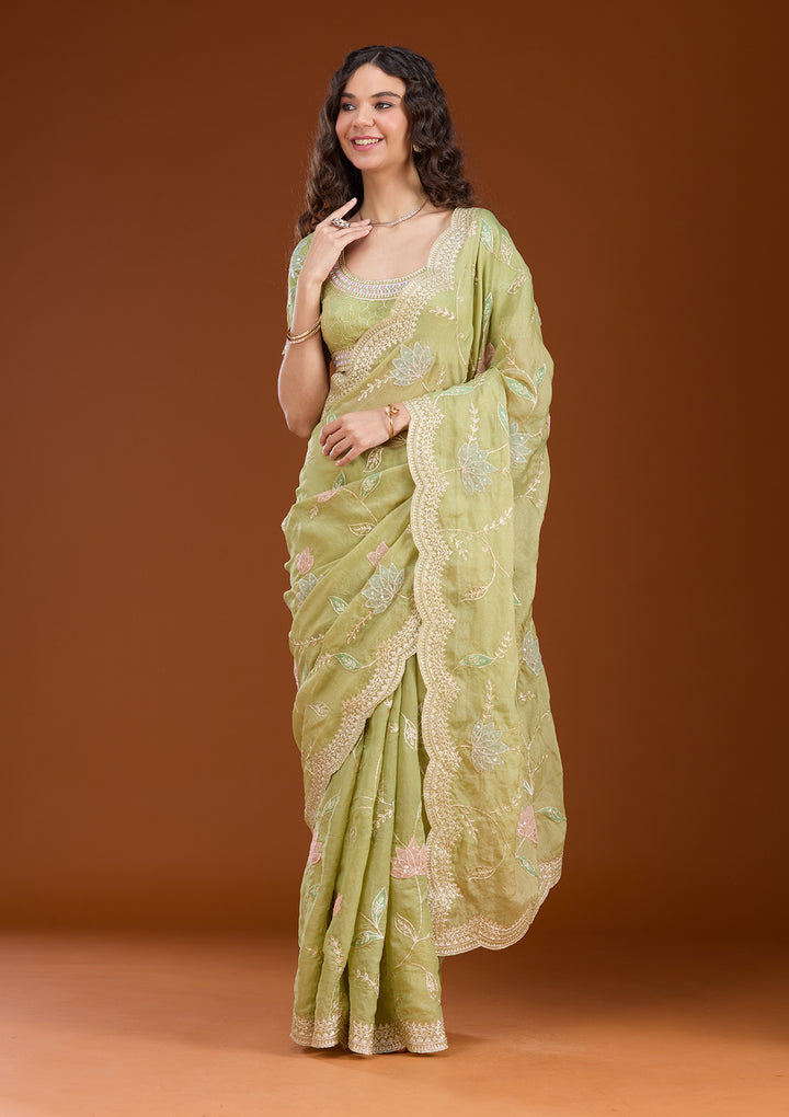 Leaf Green Zardozi (Gold) Tissue Saree