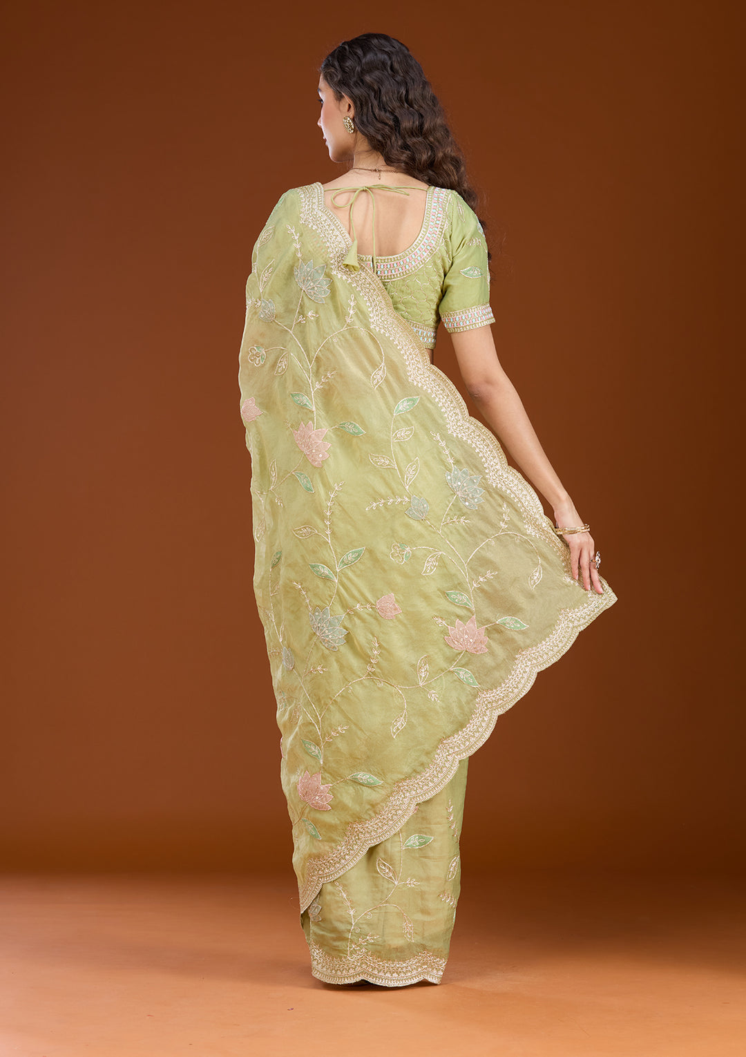 Leaf Green Zardozi (Gold) Tissue Saree