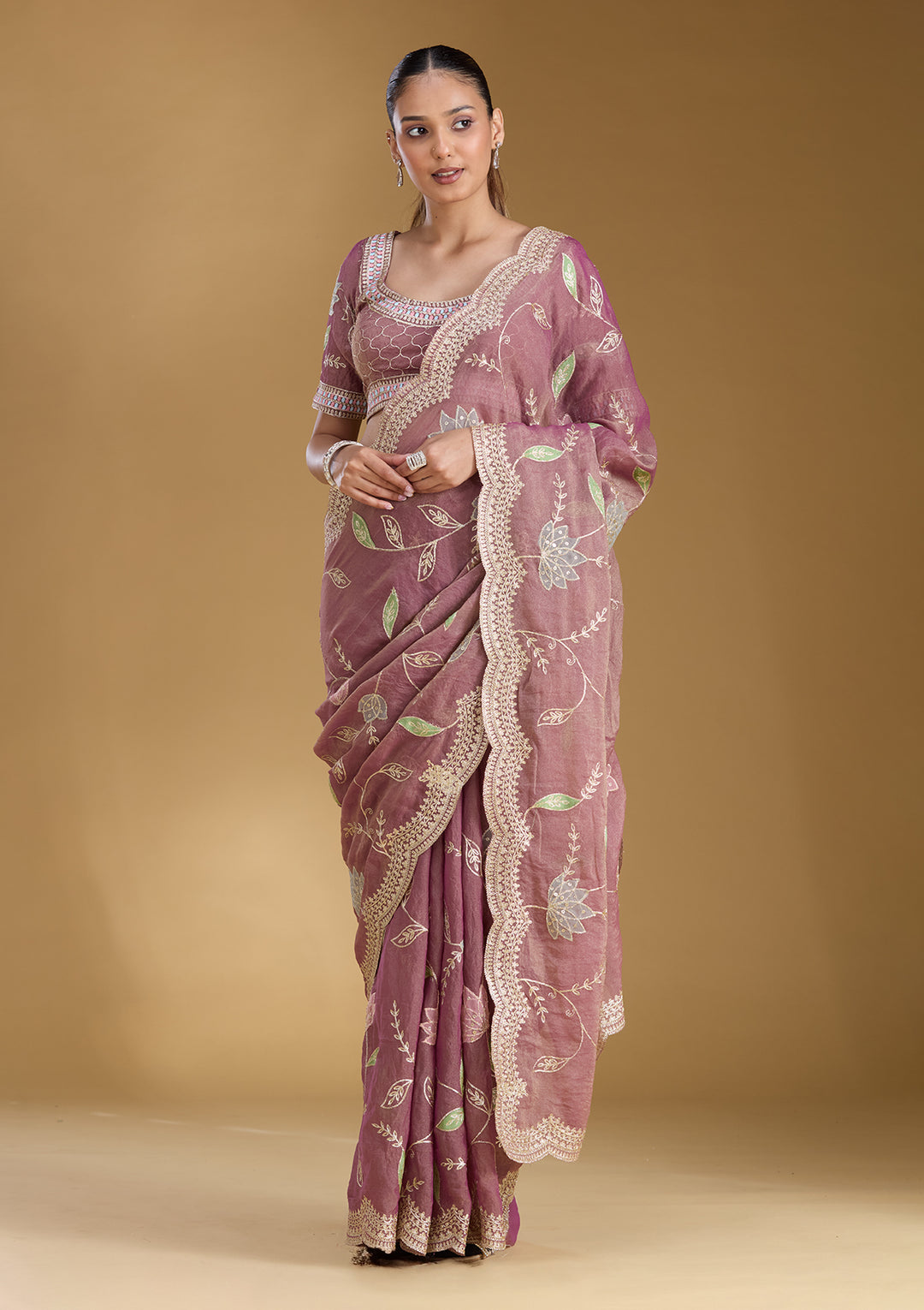 Onion Pink Zardozi (Gold) Tissue Saree