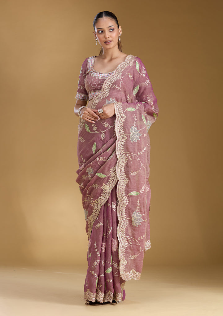 Onion Pink Zardozi (Gold) Tissue Saree