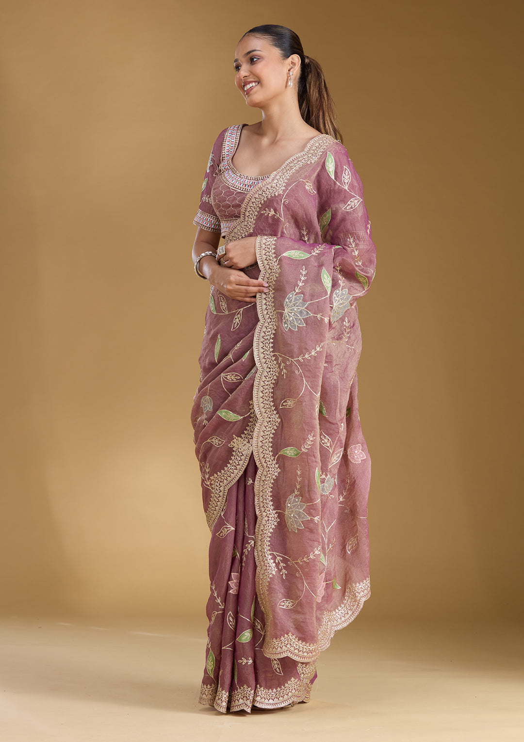 Onion Pink Zardozi (Gold) Tissue Saree