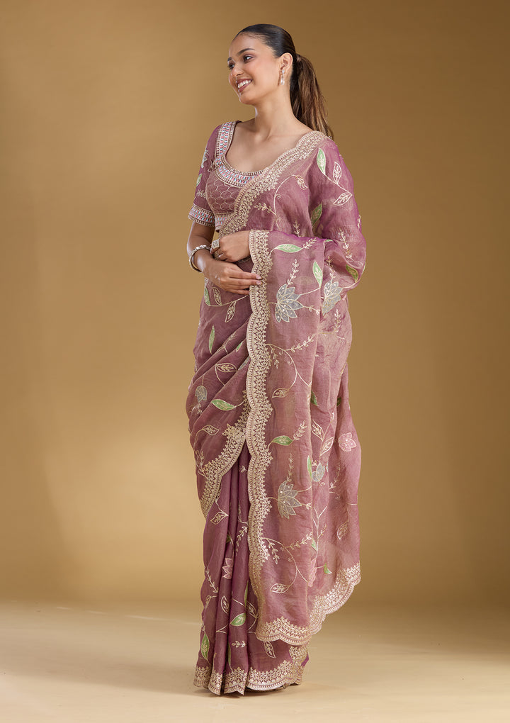 Onion Pink Zardozi (Gold) Tissue Saree