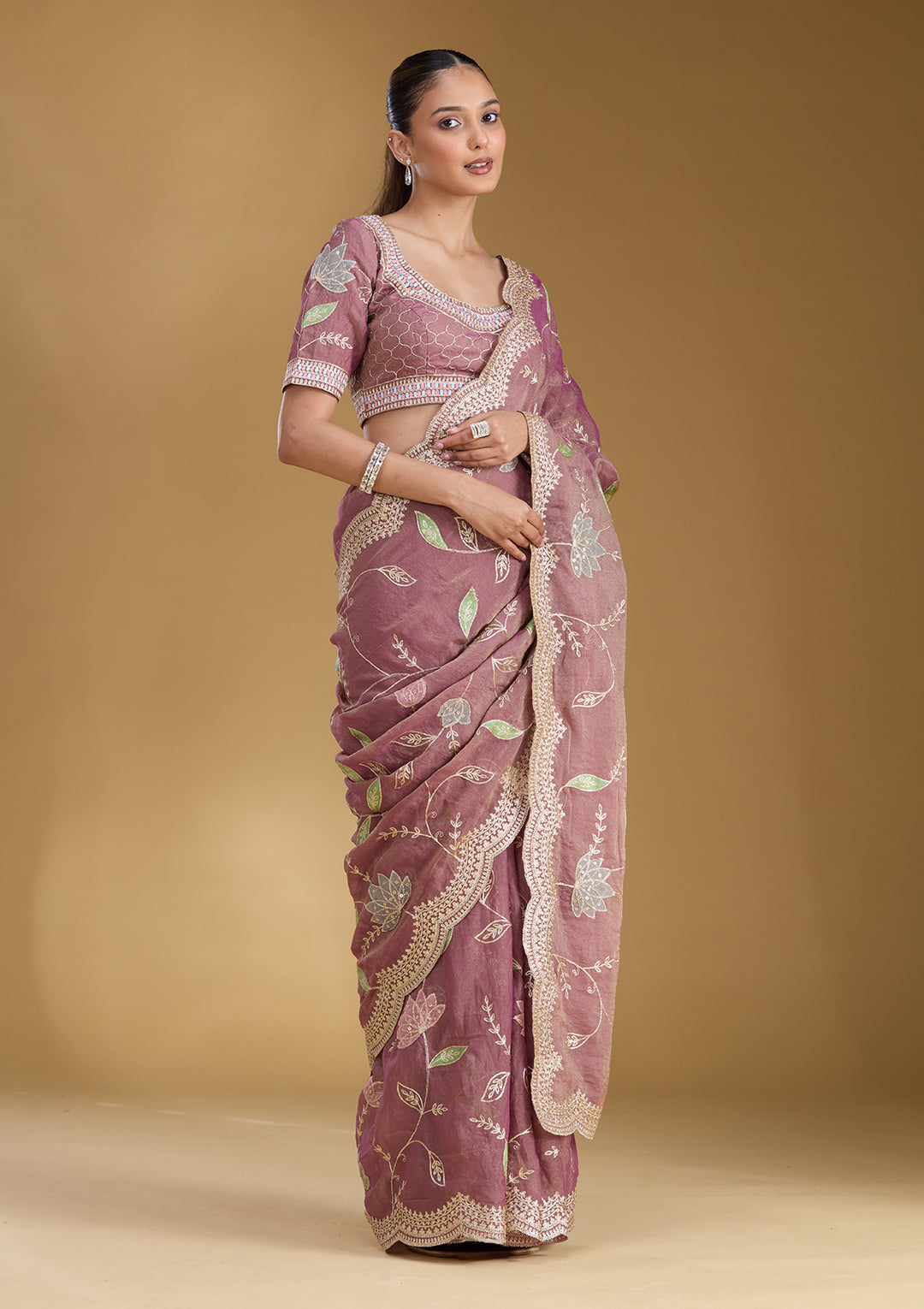 Onion Pink Zardozi (Gold) Tissue Saree