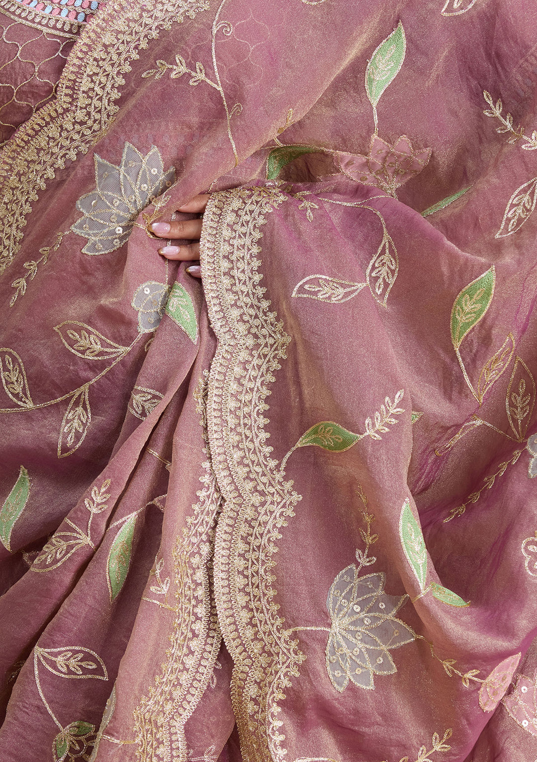 Onion Pink Zardozi (Gold) Tissue Saree