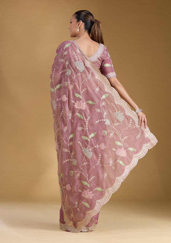 Onion Pink Zardozi (Gold) Tissue Saree