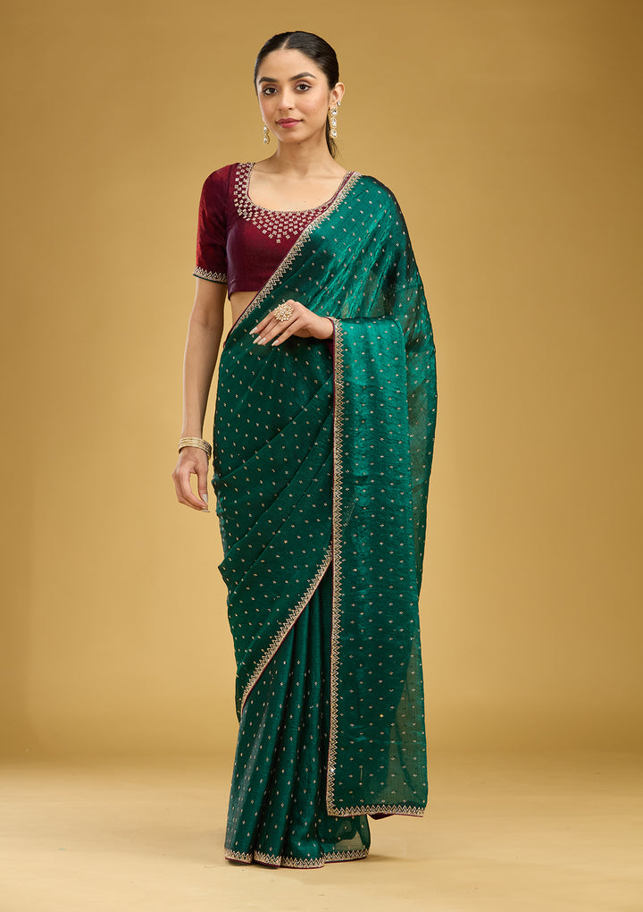 Peacock Green Stonework (Gold) Tissue Saree