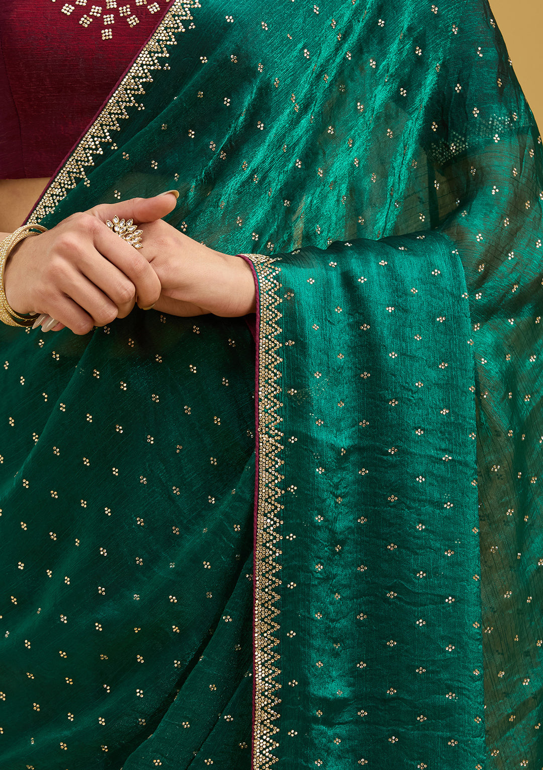 Peacock Green Stonework (Gold) Tissue Saree