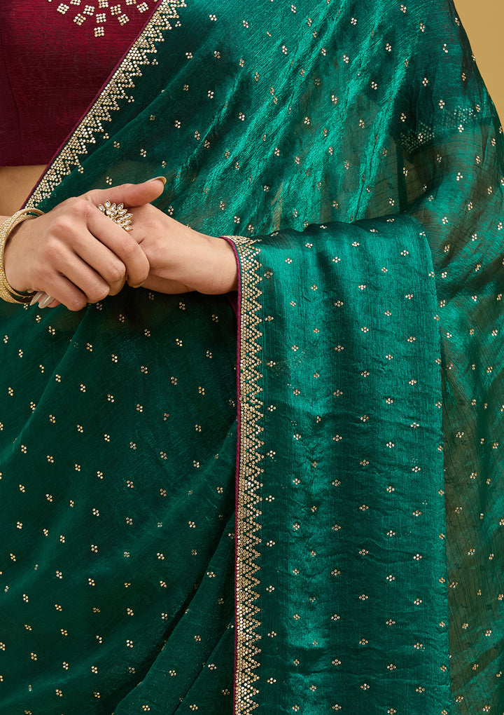 Peacock Green Stonework (Gold) Tissue Saree