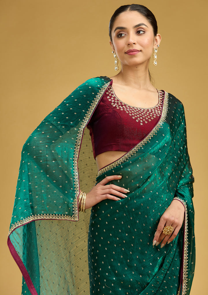 Peacock Green Stonework (Gold) Tissue Saree