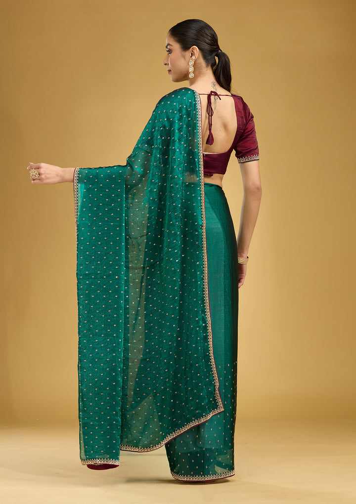 Peacock Green Stonework (Gold) Tissue Saree