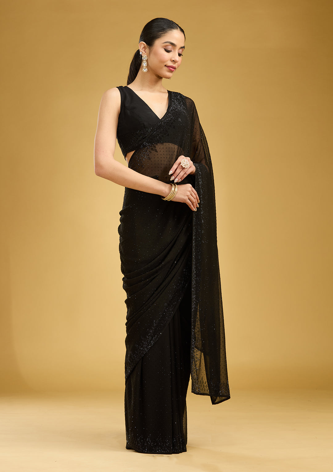 Black Swarovski Georgette Saree