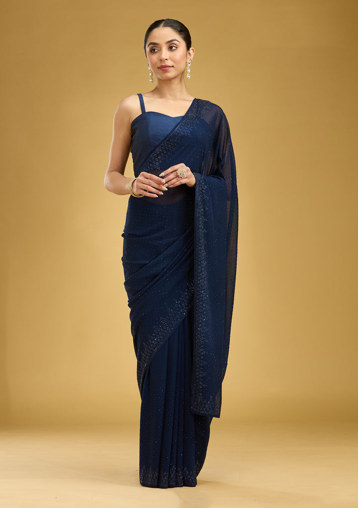 Navy Blue Swarovski Georgette Saree