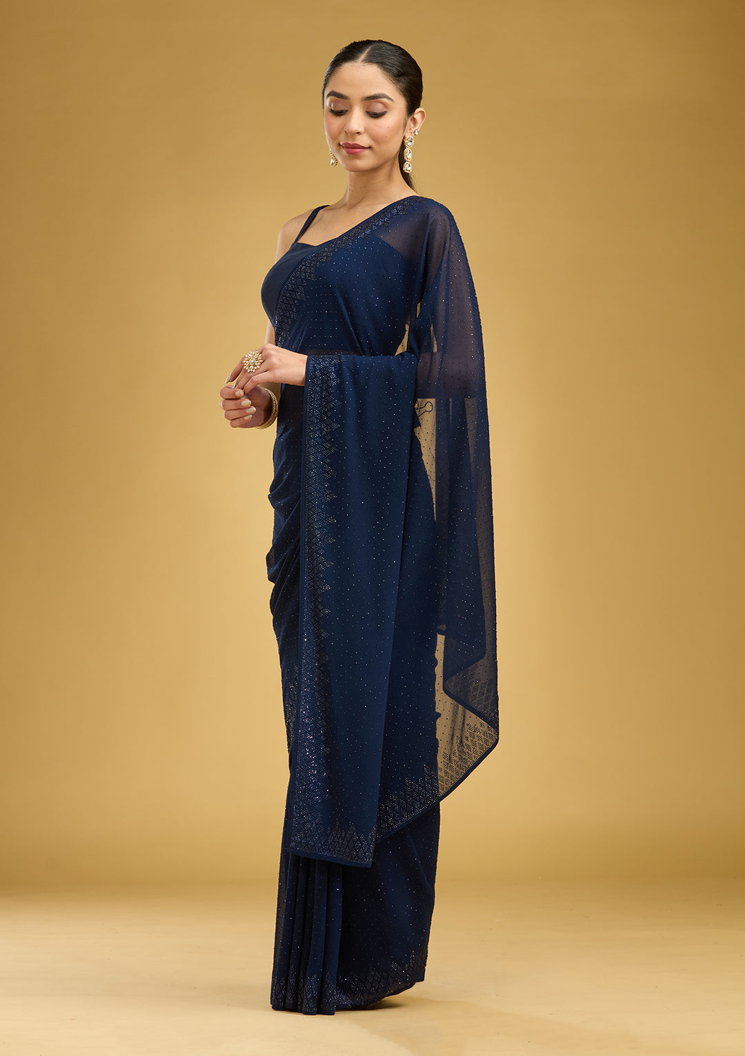 Navy Blue Swarovski Georgette Saree
