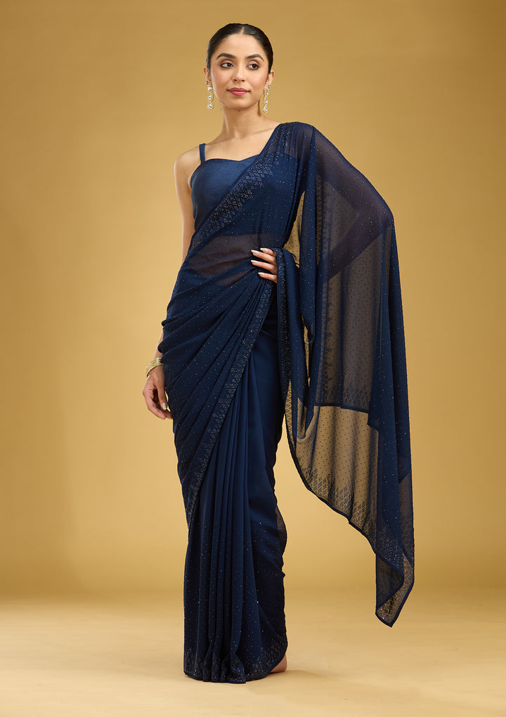 Navy Blue Swarovski Georgette Saree