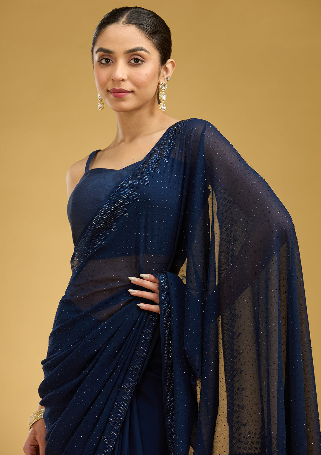 Navy Blue Swarovski Georgette Saree