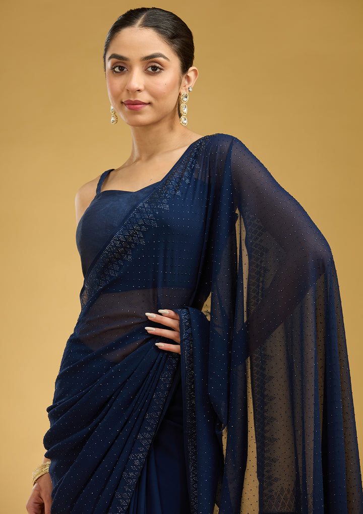 Navy Blue Swarovski Georgette Saree