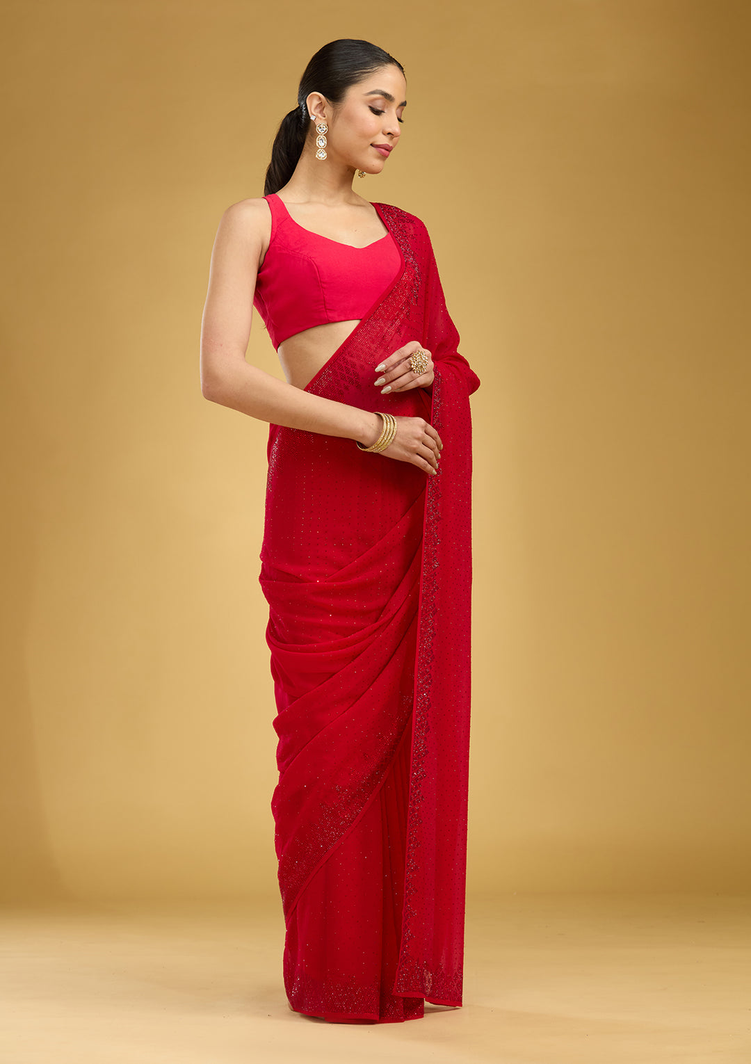 Red Swarovski Georgette Saree