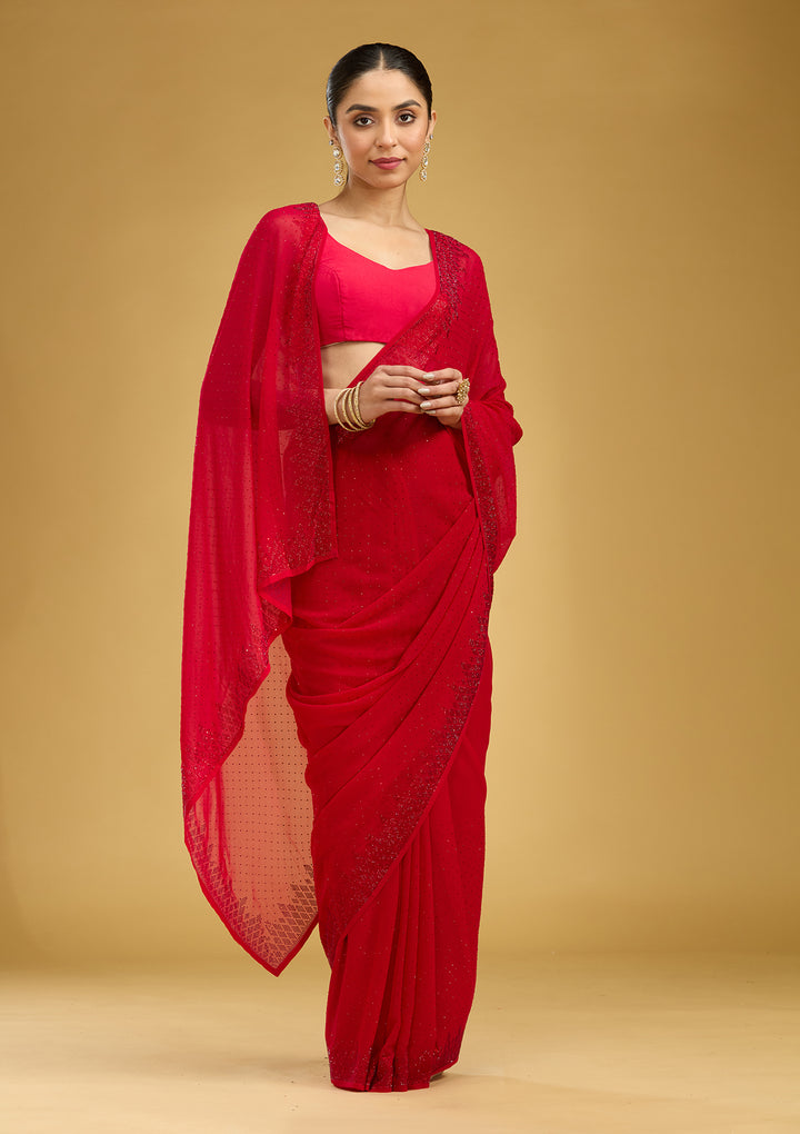 Red Swarovski Georgette Saree
