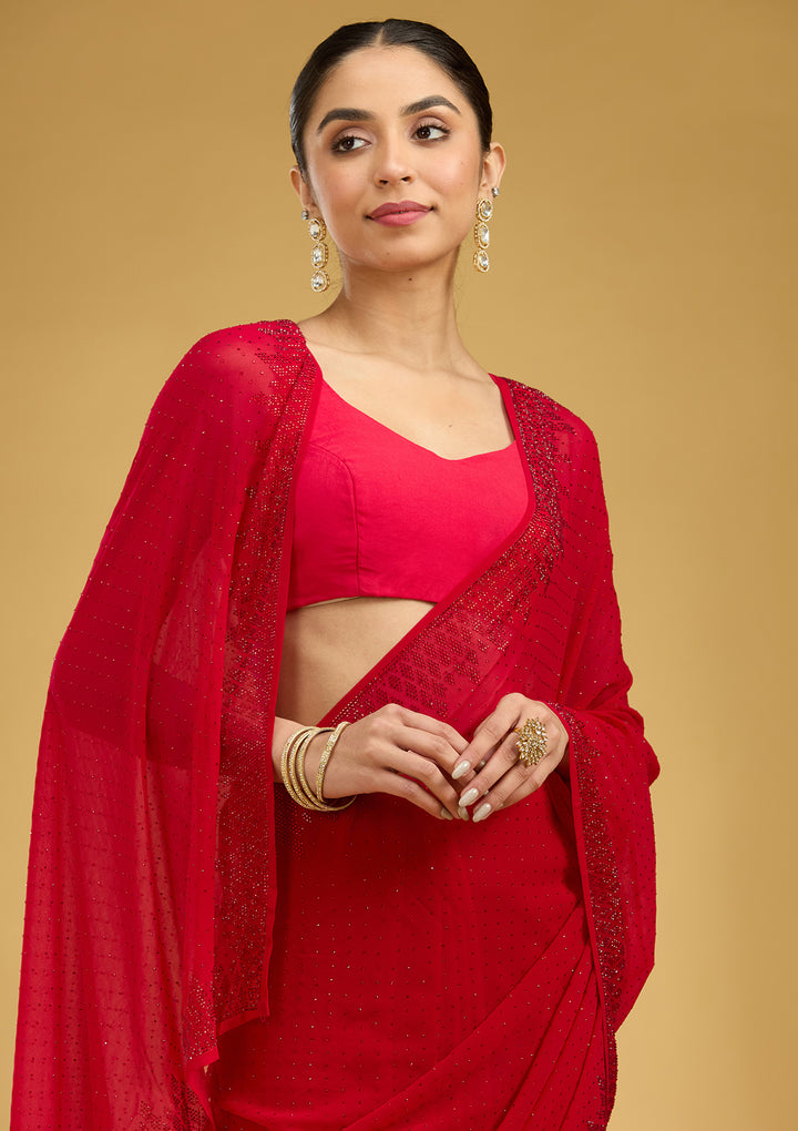 Red Swarovski Georgette Saree