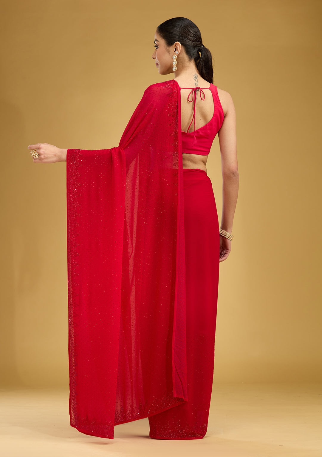 Red Swarovski Georgette Saree