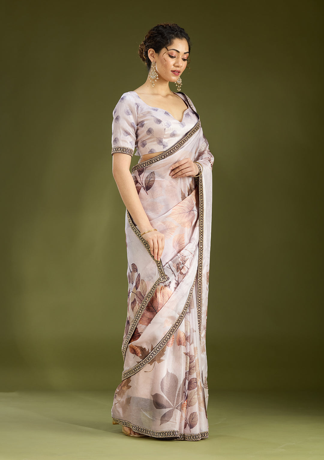 Baby Pink Stonework (Gold) Chiffon Saree