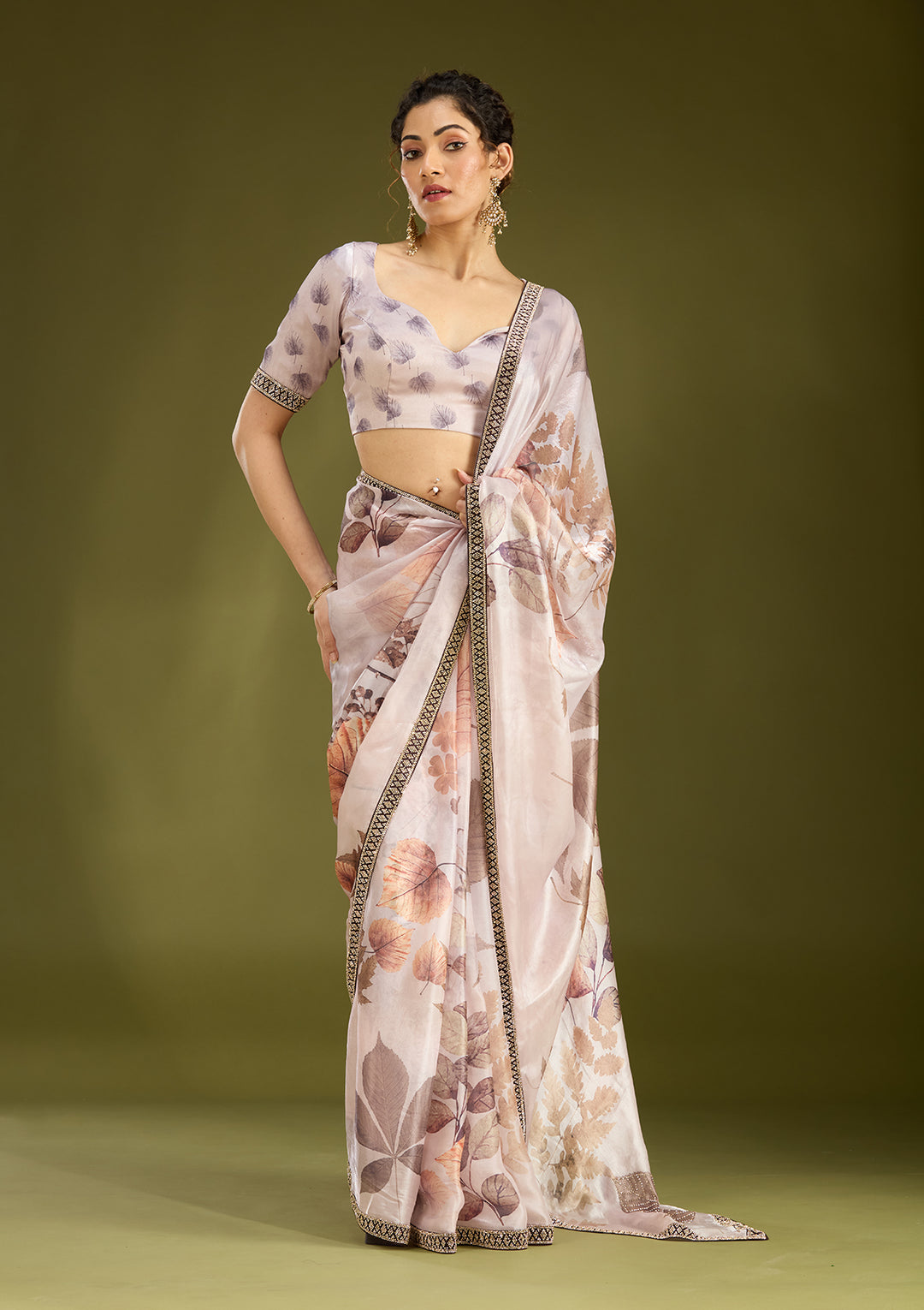 Baby Pink Stonework (Gold) Chiffon Saree