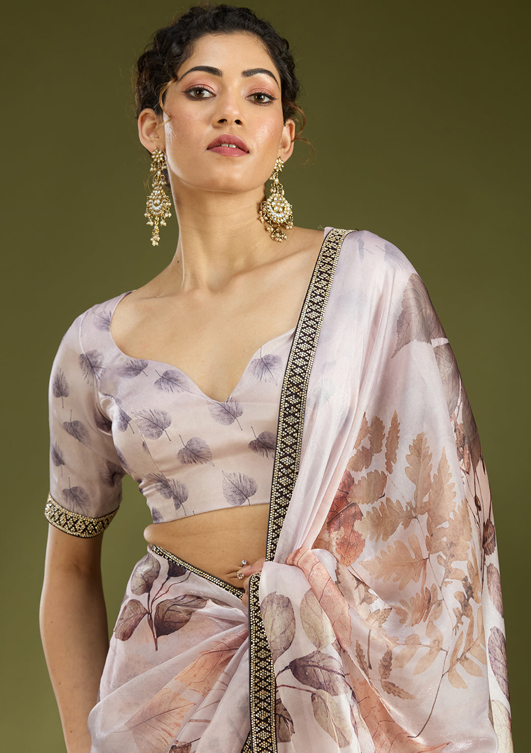 Baby Pink Stonework (Gold) Chiffon Saree