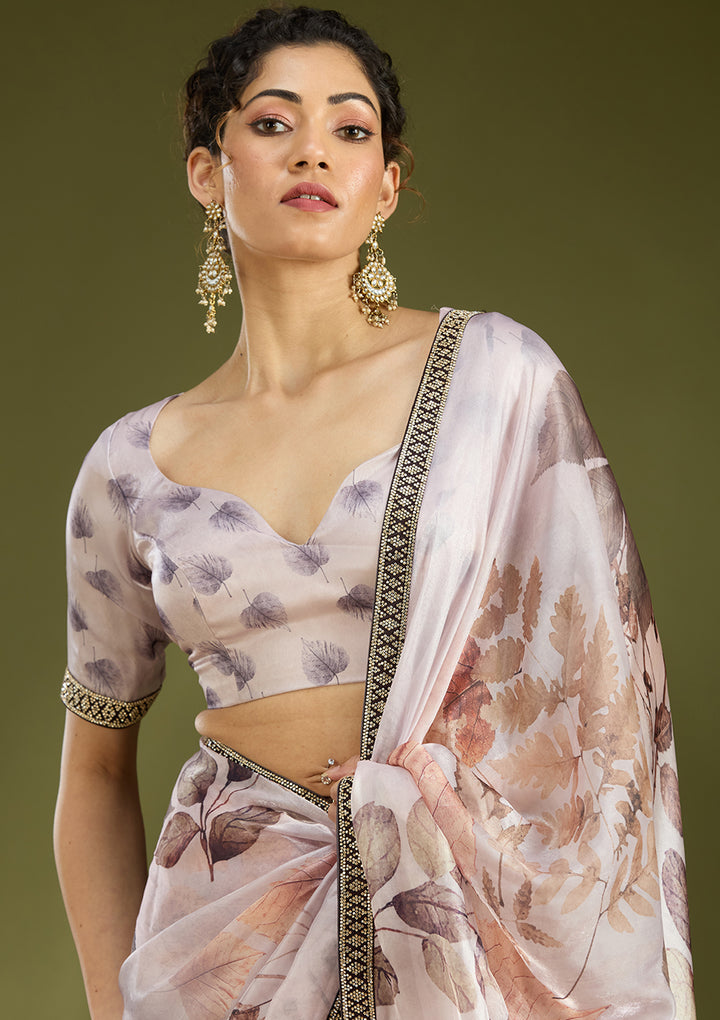 Baby Pink Stonework (Gold) Chiffon Saree