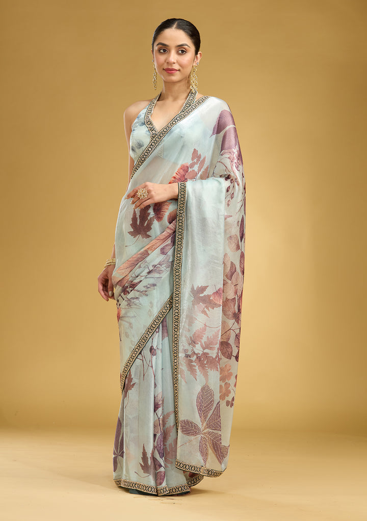 Sky Blue Stonework (Gold) Chiffon Saree