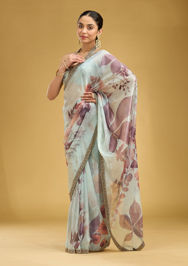 Sky Blue Stonework (Gold) Chiffon Saree