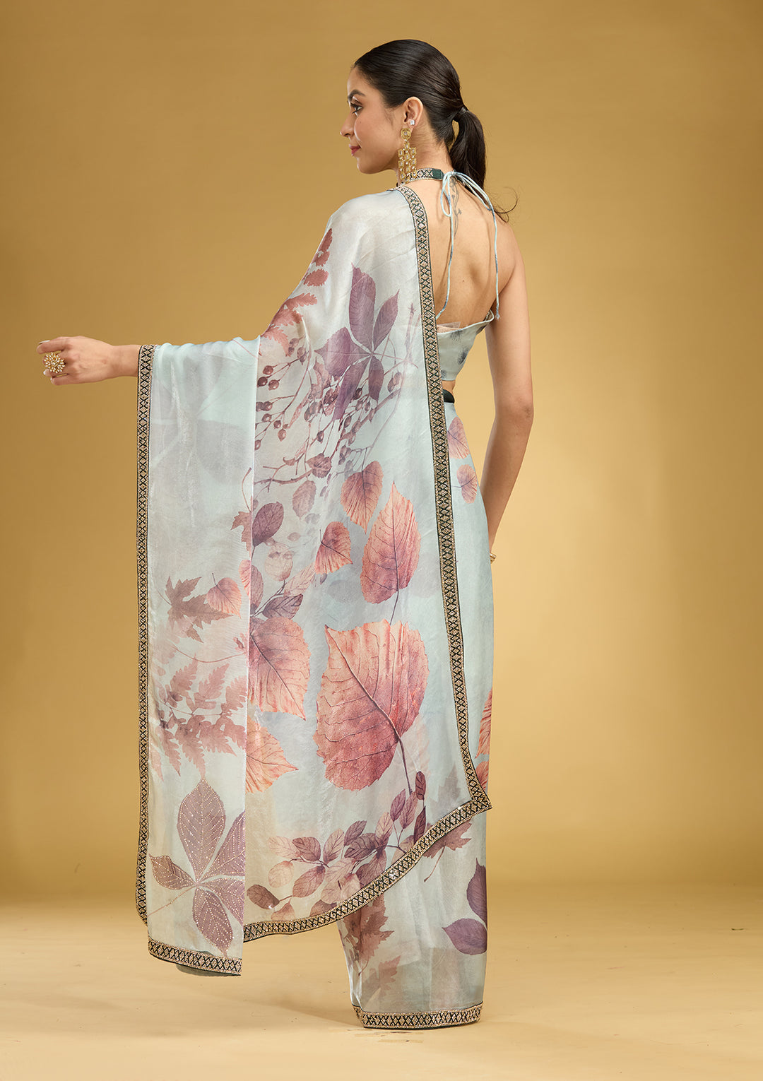 Sky Blue Stonework (Gold) Chiffon Saree