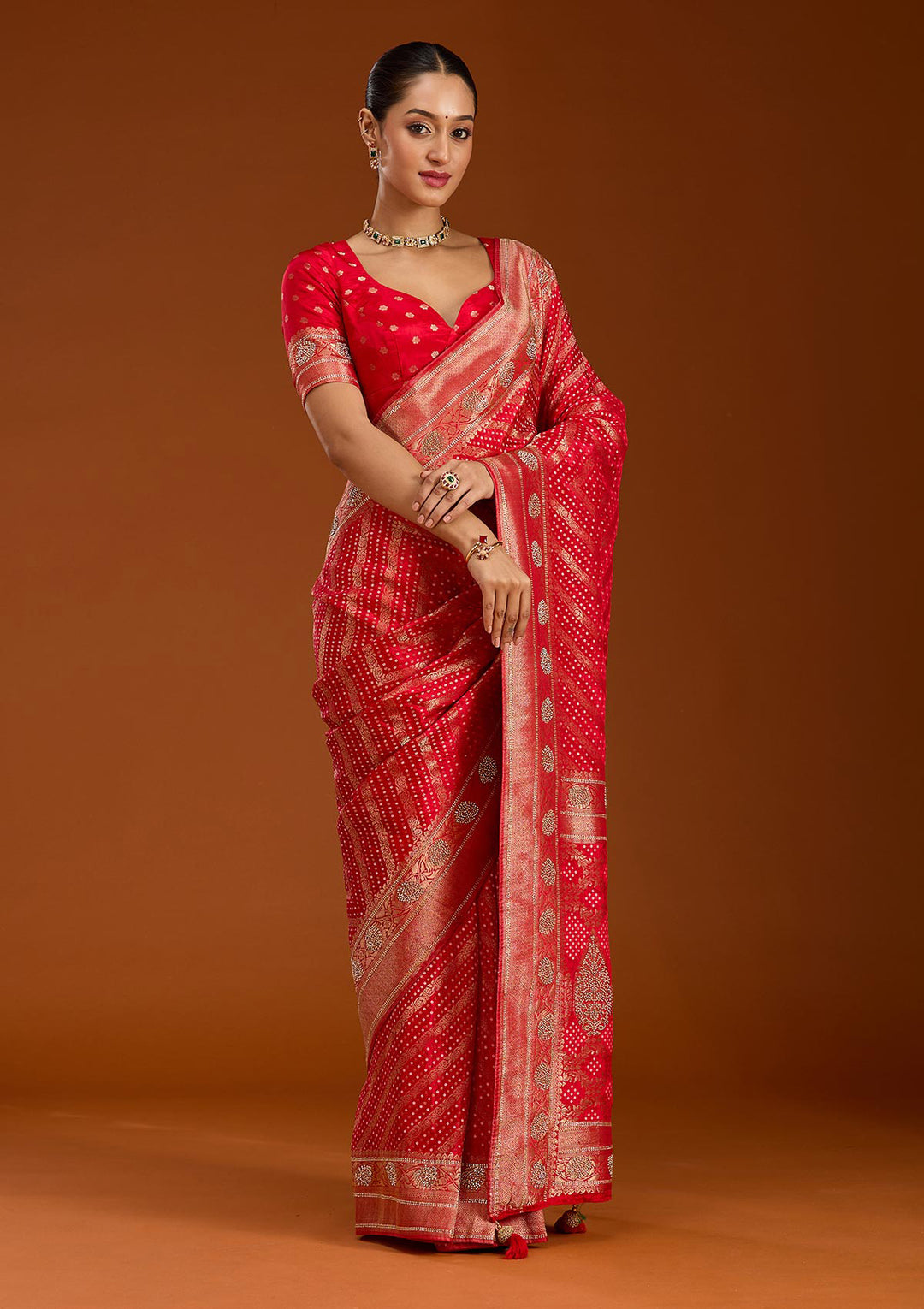 Red Stonework Silk Saree