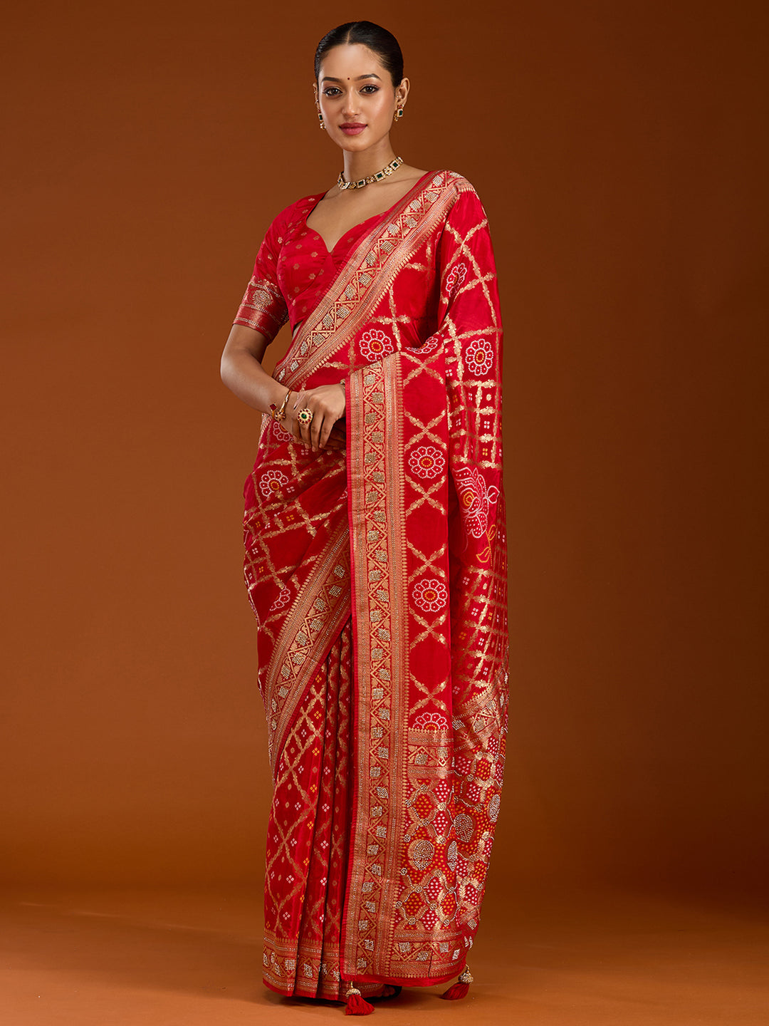 Red Stonework Silk Saree