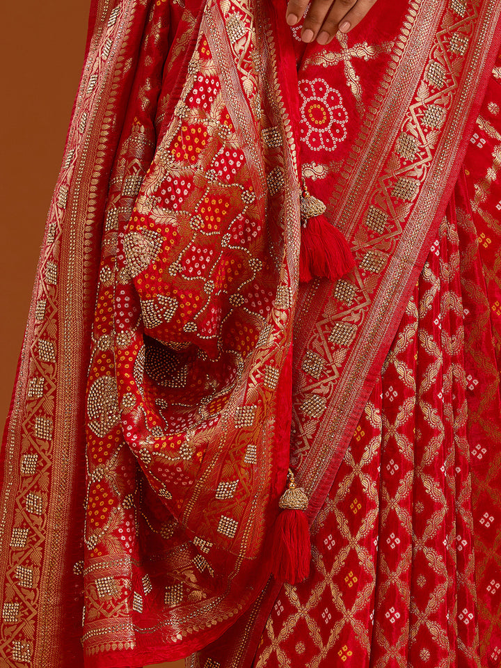 Red Stonework Silk Saree