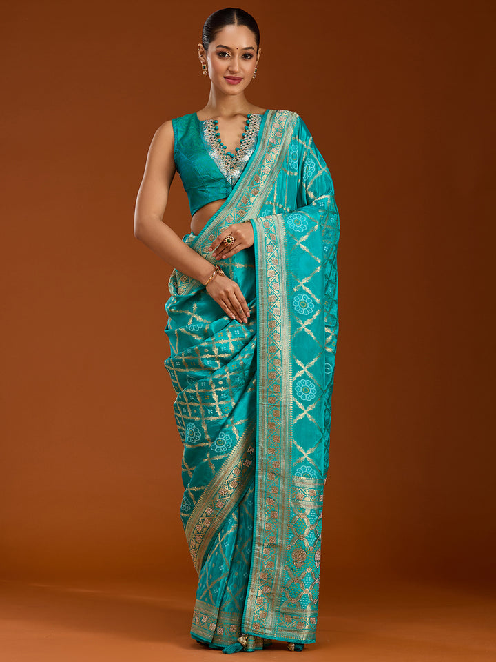 Turquoise Blue Stonework Silk Saree