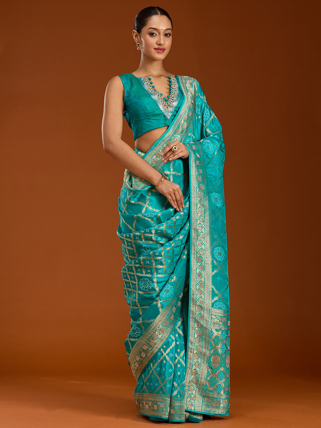 Turquoise Blue Stonework Silk Saree