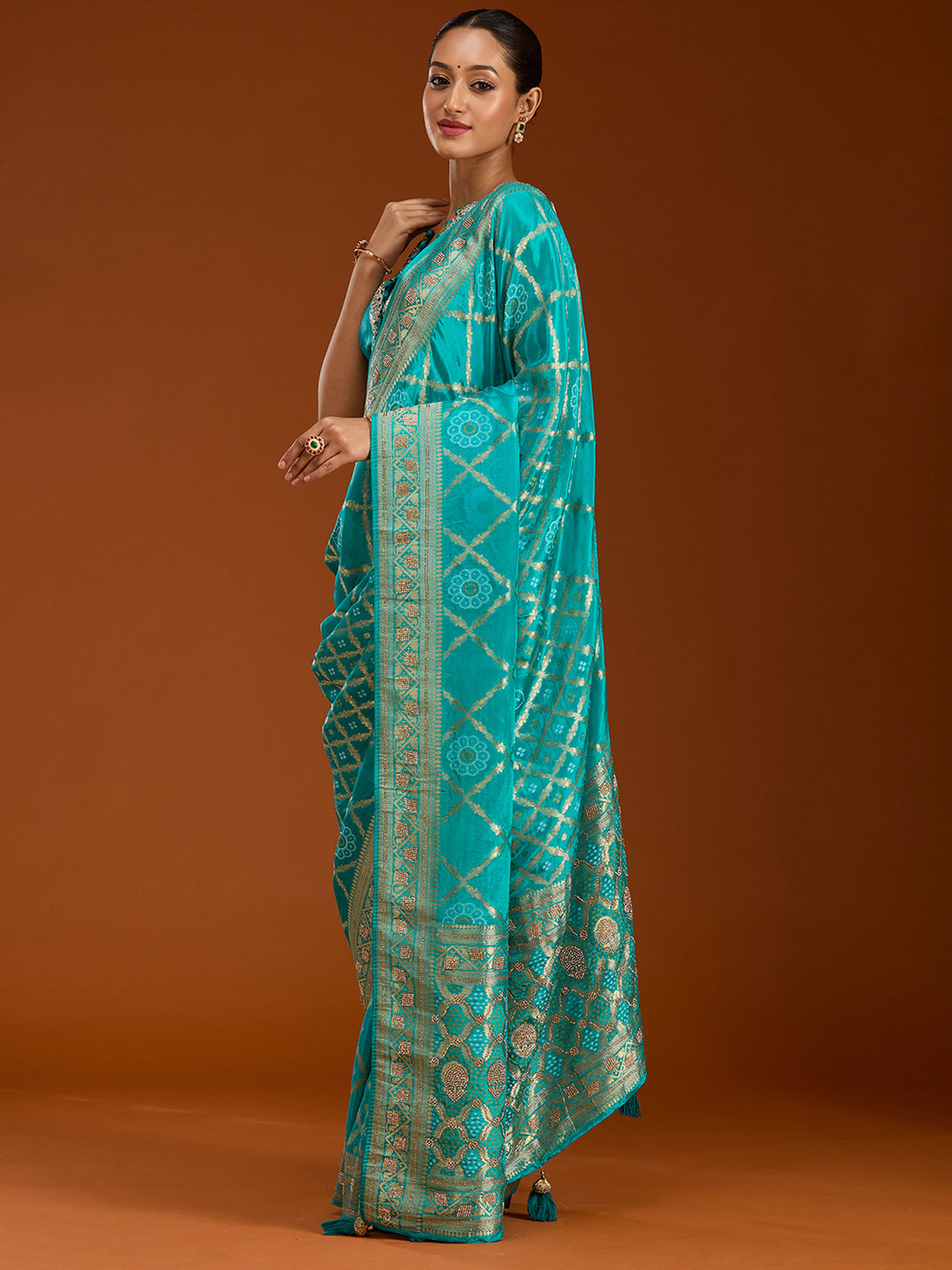 Turquoise Blue Stonework Silk Saree