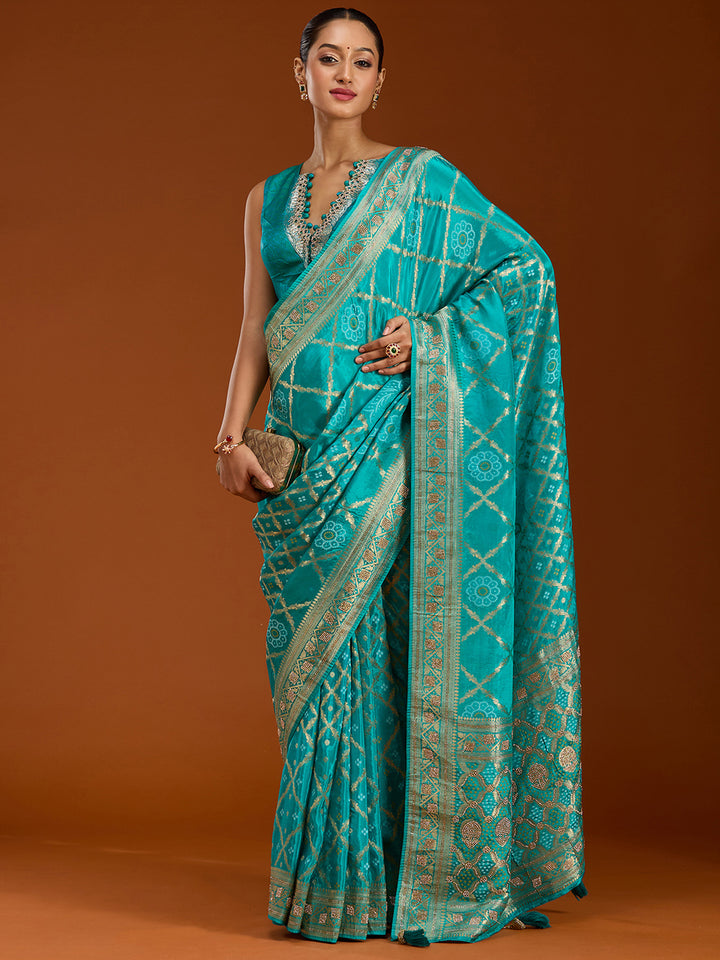 Turquoise Blue Stonework Silk Saree