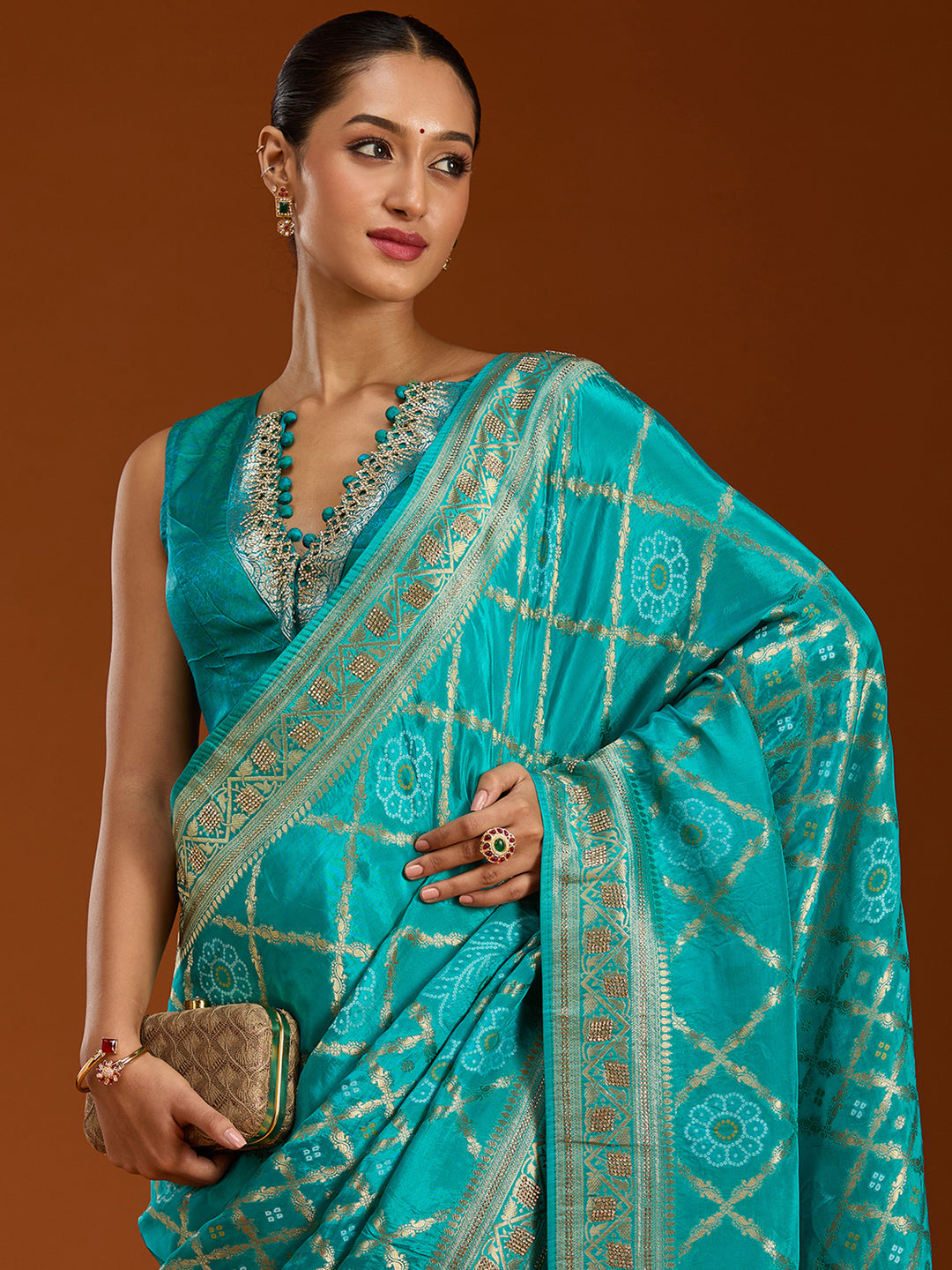 Turquoise Blue Stonework Silk Saree