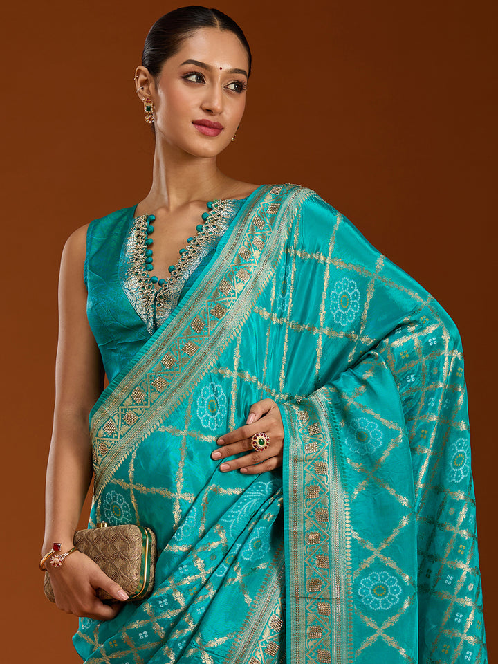 Turquoise Blue Stonework Silk Saree