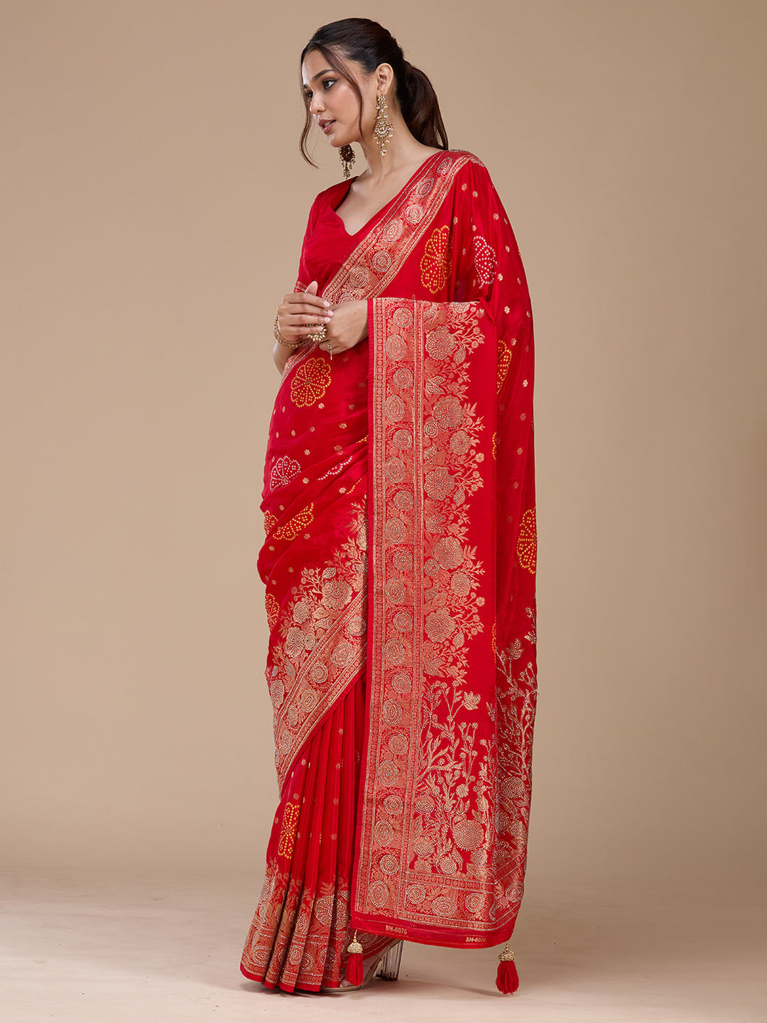 Red Stonework Silk Saree
