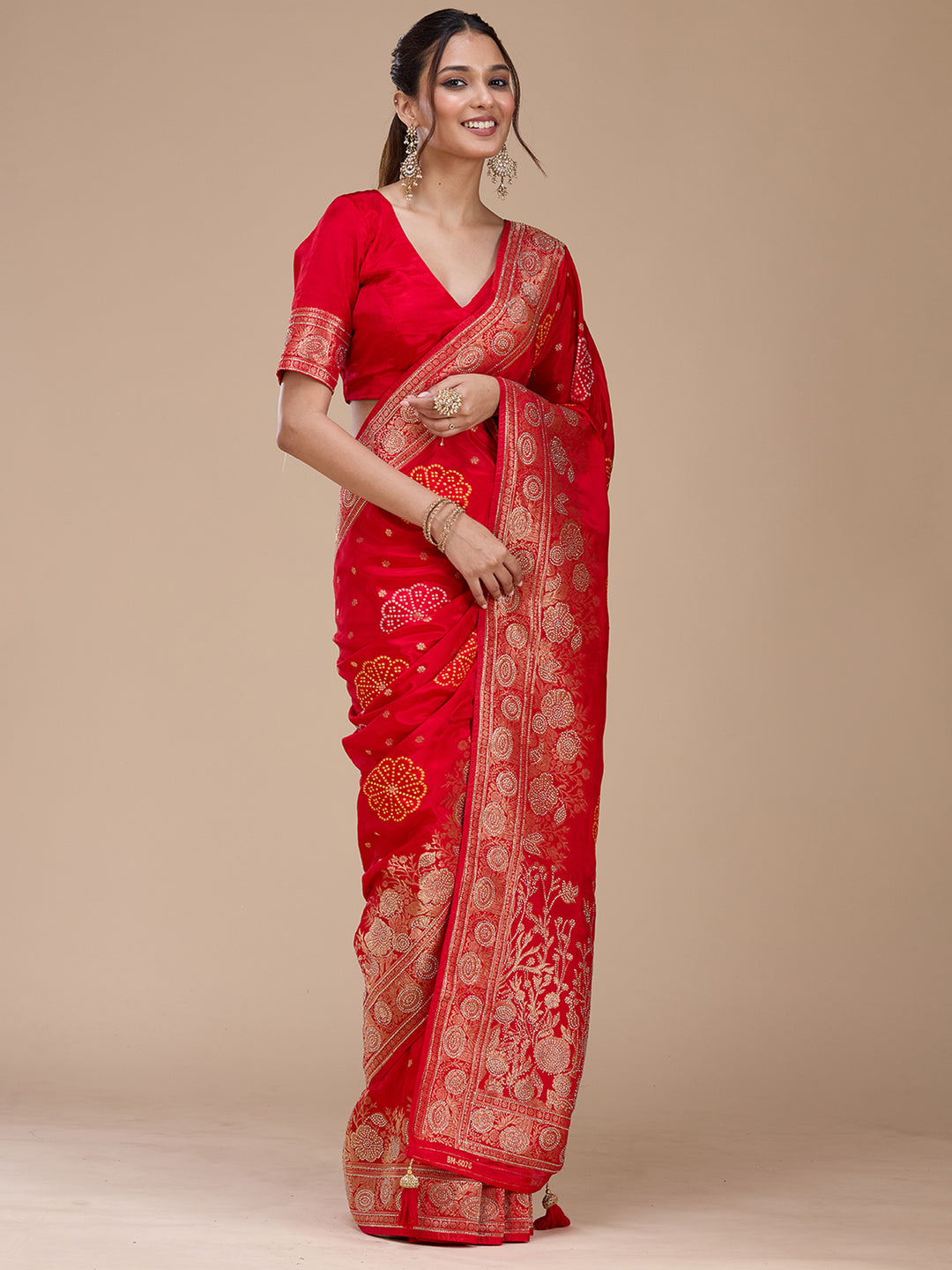 Red Stonework Silk Saree